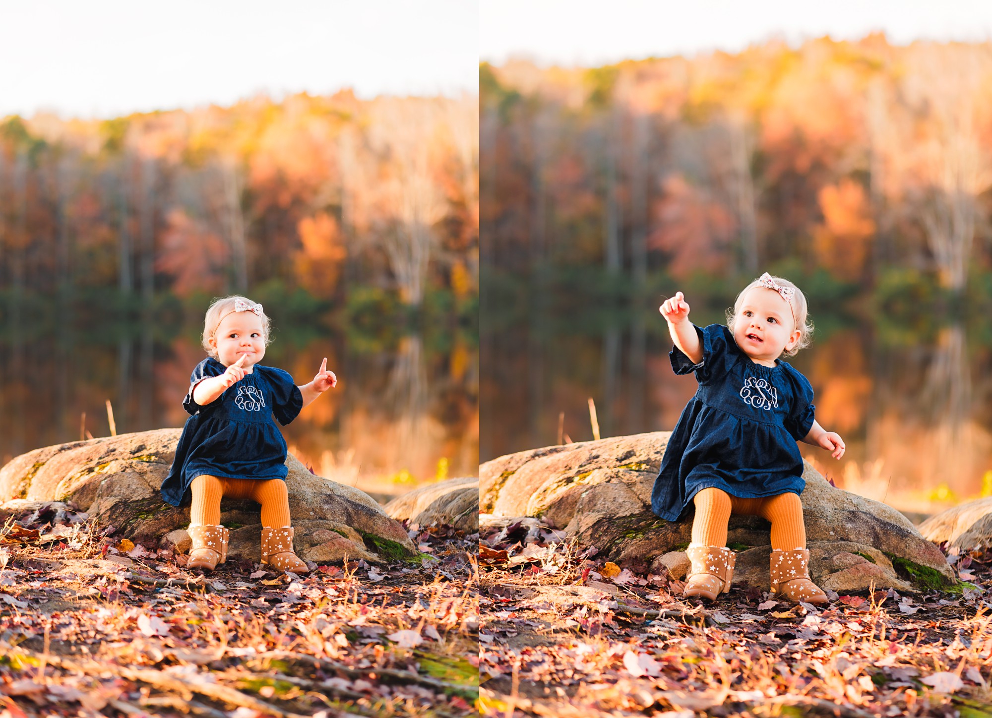 baby girl sitting on rock in front of pond | Photographers in Charlottesville