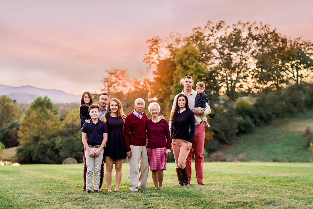 Large Extended Family Standing in field at Sunset | Virginia Family Photographer