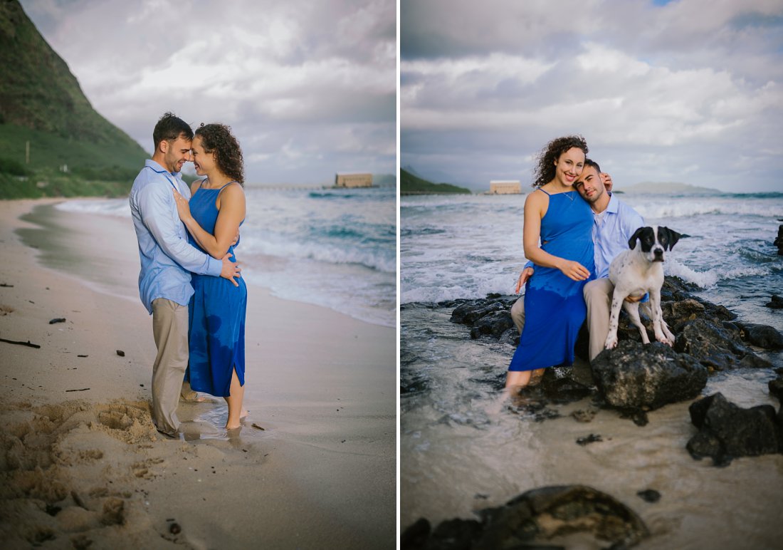couple on beach with dog | beach engagement photos