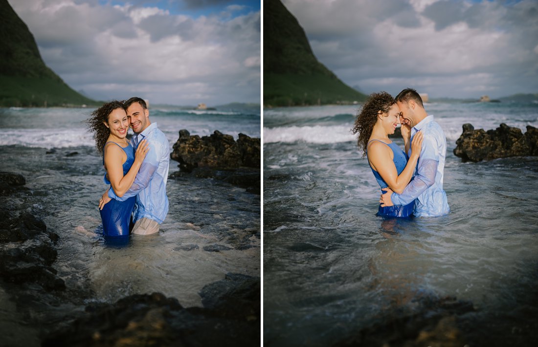couple hugging and standing in the ocean | beach engagement photos