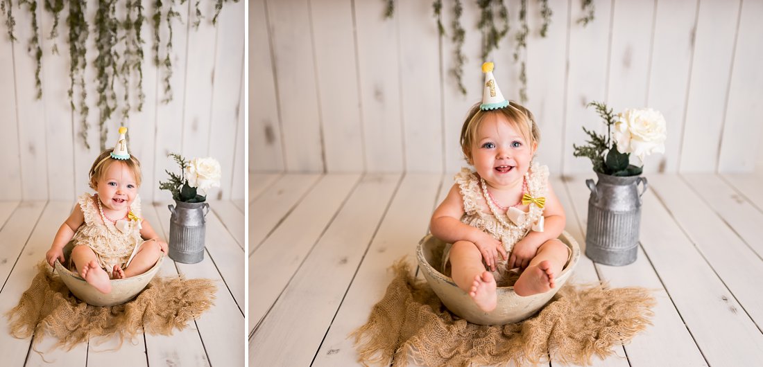 baby girl in bowl with birthday hat on | Dayton Cake Smash Photographer