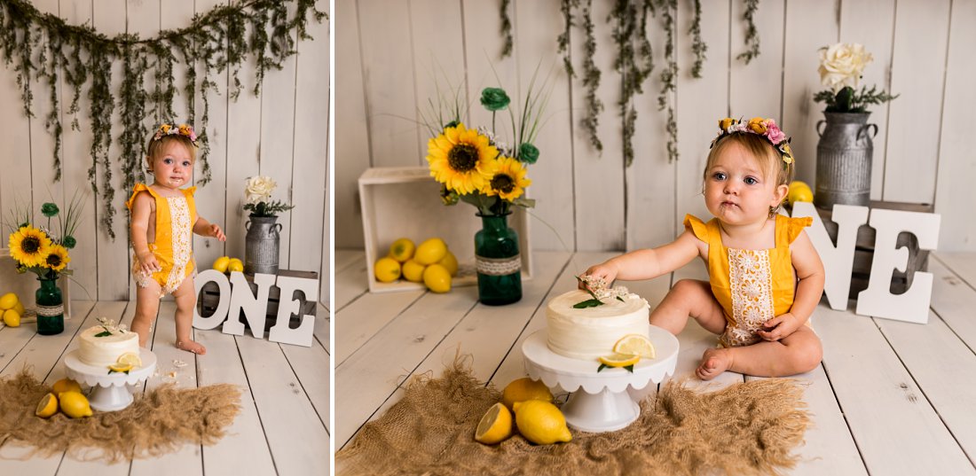 baby girl in yellow outfit with cake | Dayton First Birthday Photographer