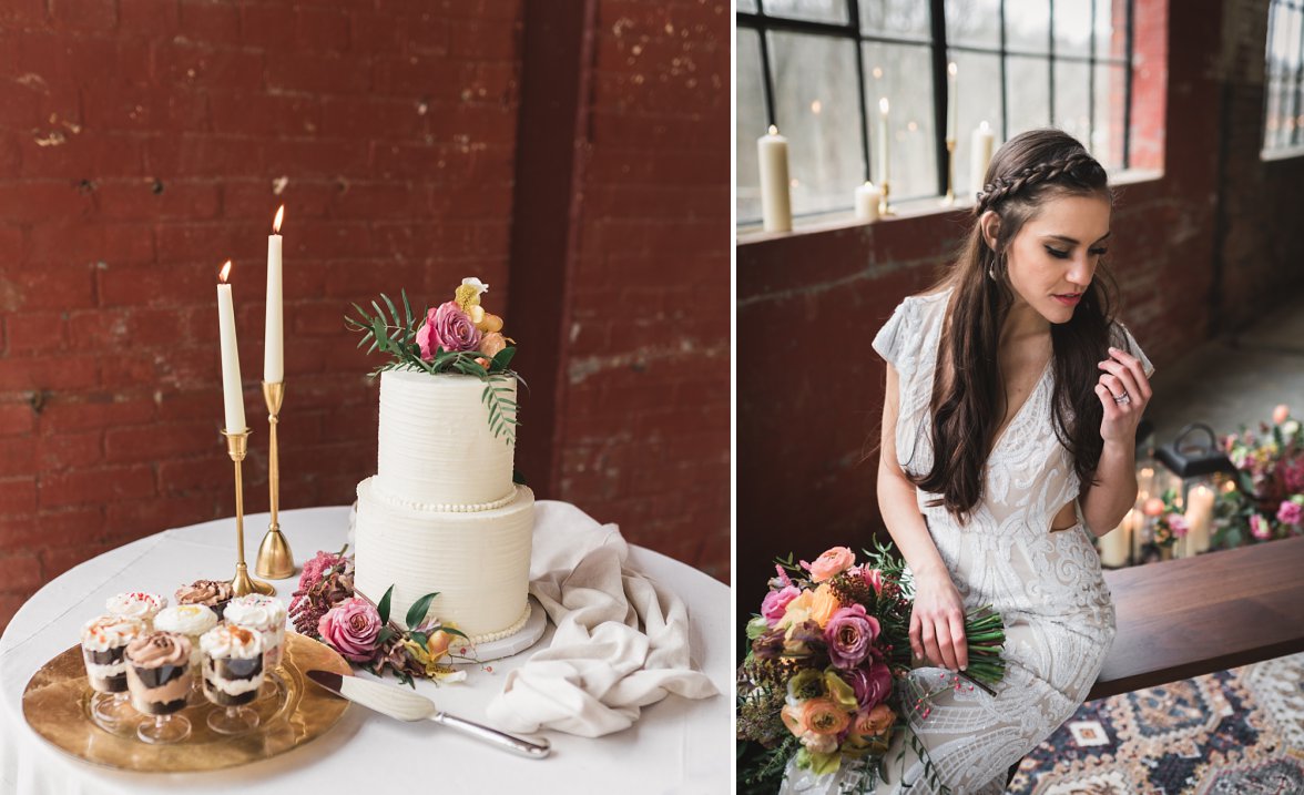 cake with candles on table and bride holding bouquet 