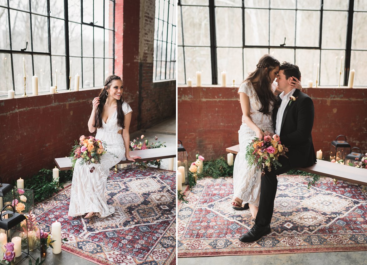 wedding couple in industrial space with flowers and candles | The Wool Factory