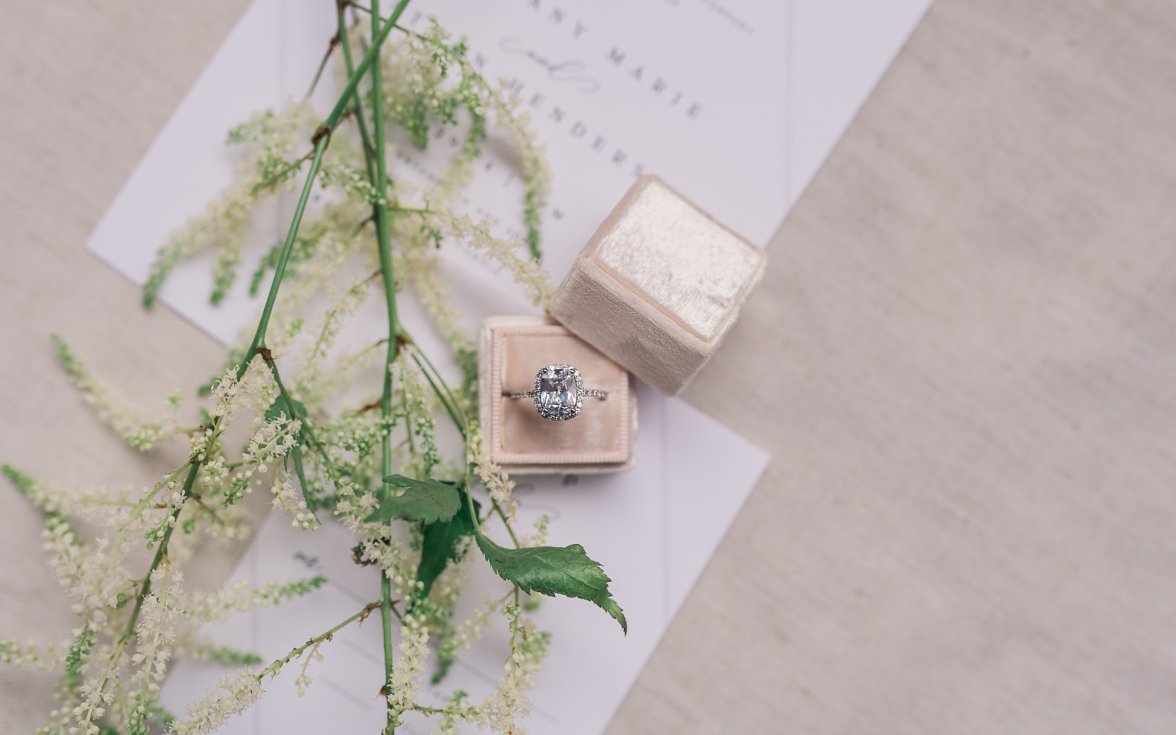 engagement ring in velvet ring box next to greenery 