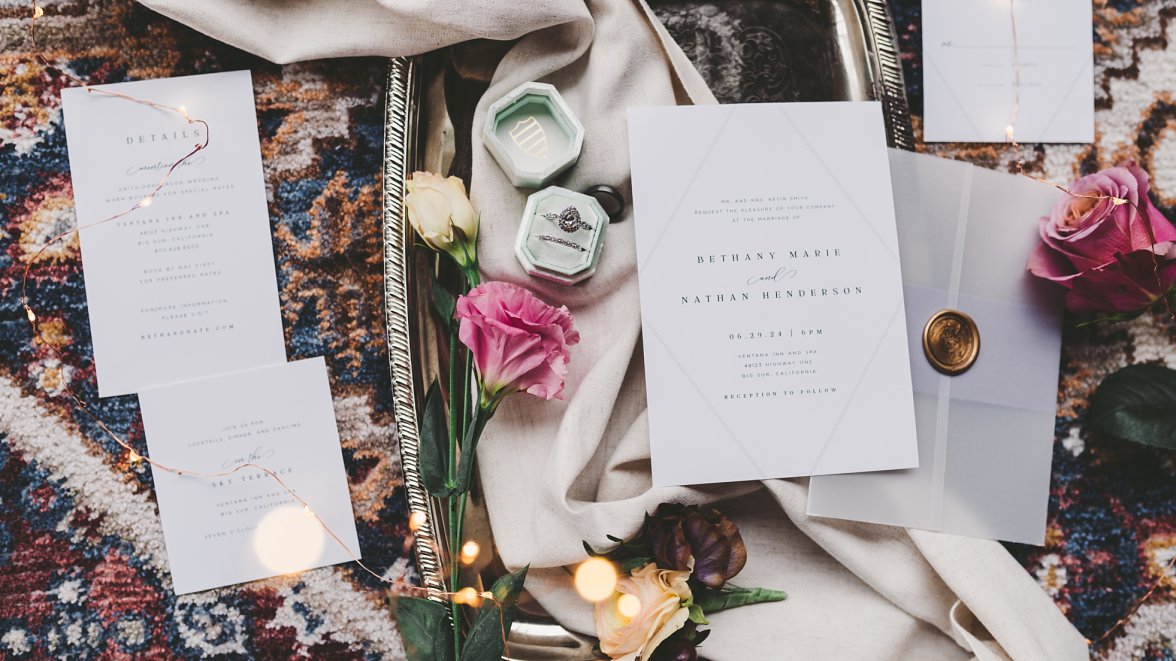 wedding flat lay details with fairy lights