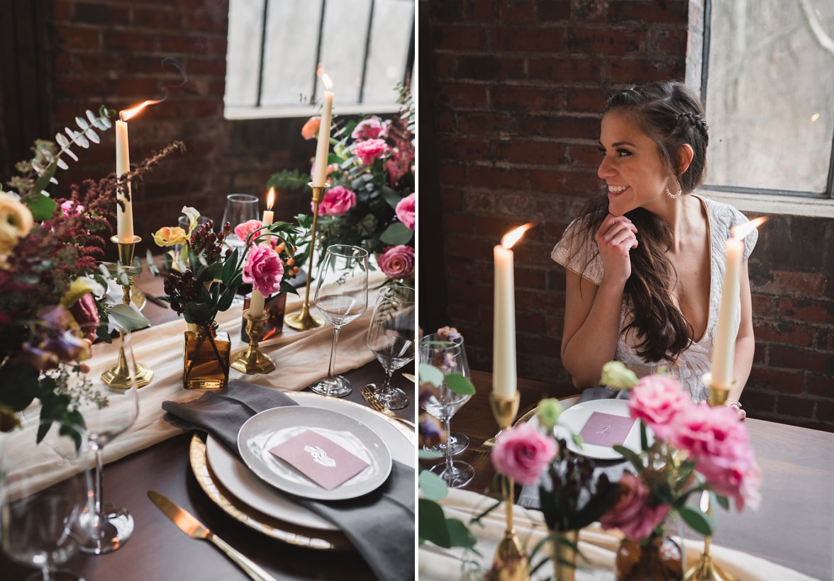bride smiling and table set up at wedding | Charlottesville Wedding Photographer