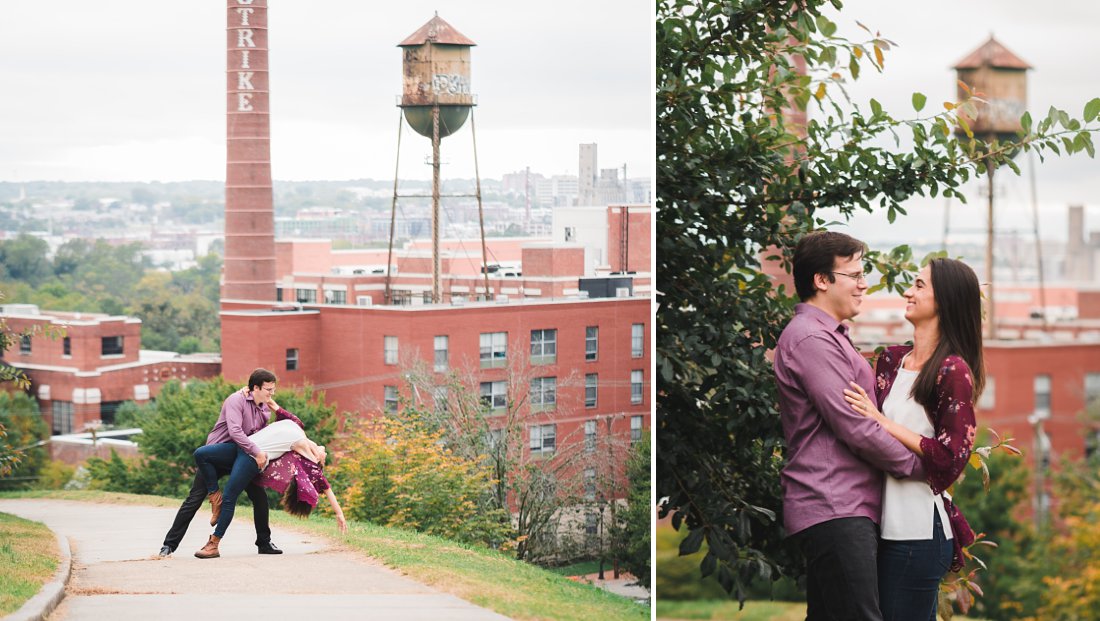 man and woman in front of city skyline | Libby Hill Engagement Photos