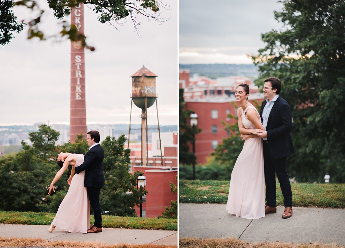 man and woman in dress clothes in city | libby hill engagement session
