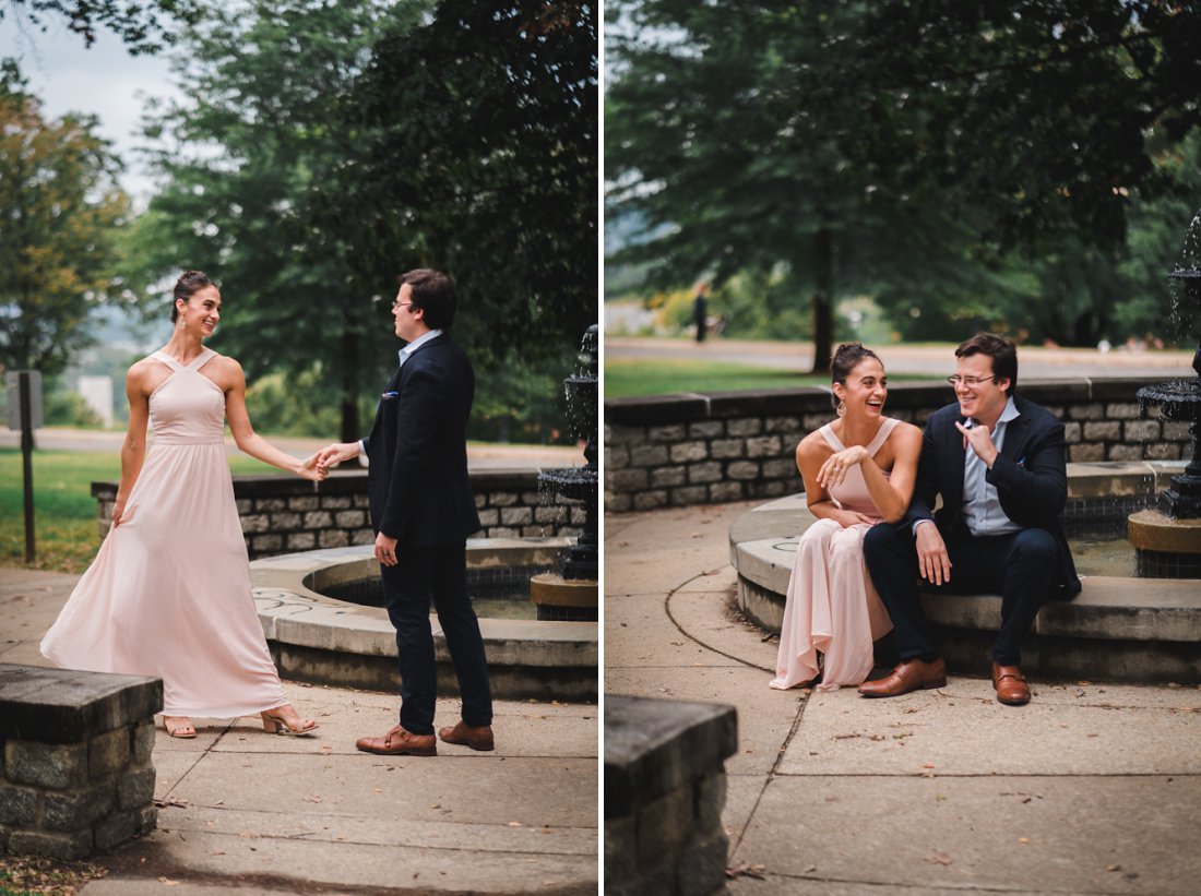 man and woman in dress clothes laughing | libby hill engagement session