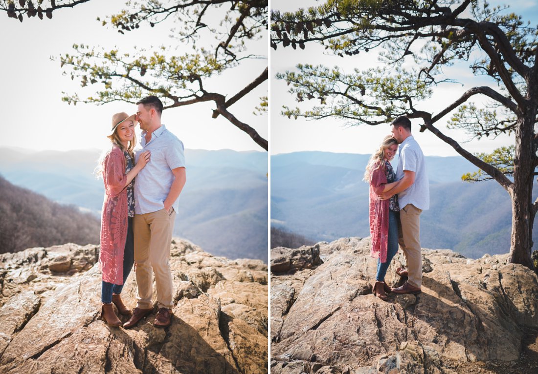 Couple standing on rocks with mountains behind them | Raven's Roost Engagement Session 