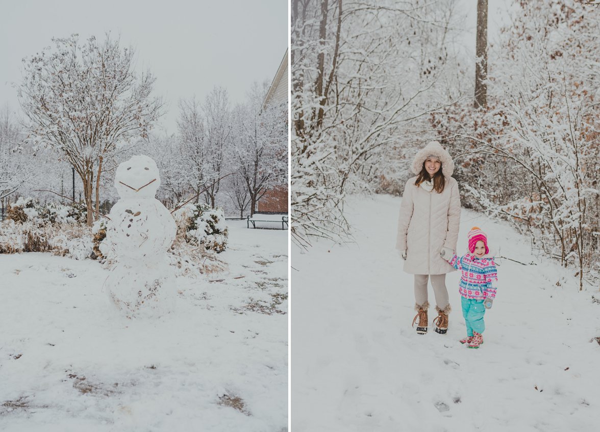 big snowman and mom and daughter standing in snow | Snow Day Charlottesville