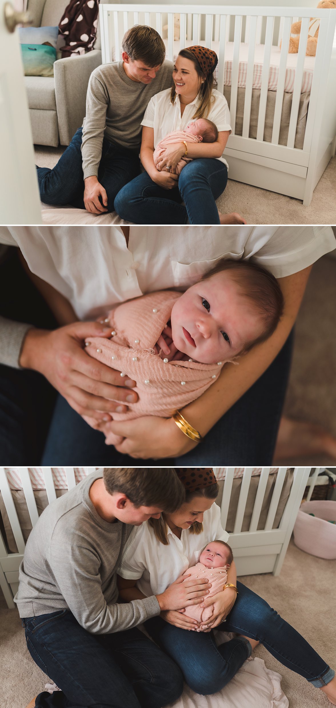 mom and dad holding baby in pink swaddle | Newborn Lifestyle Photography