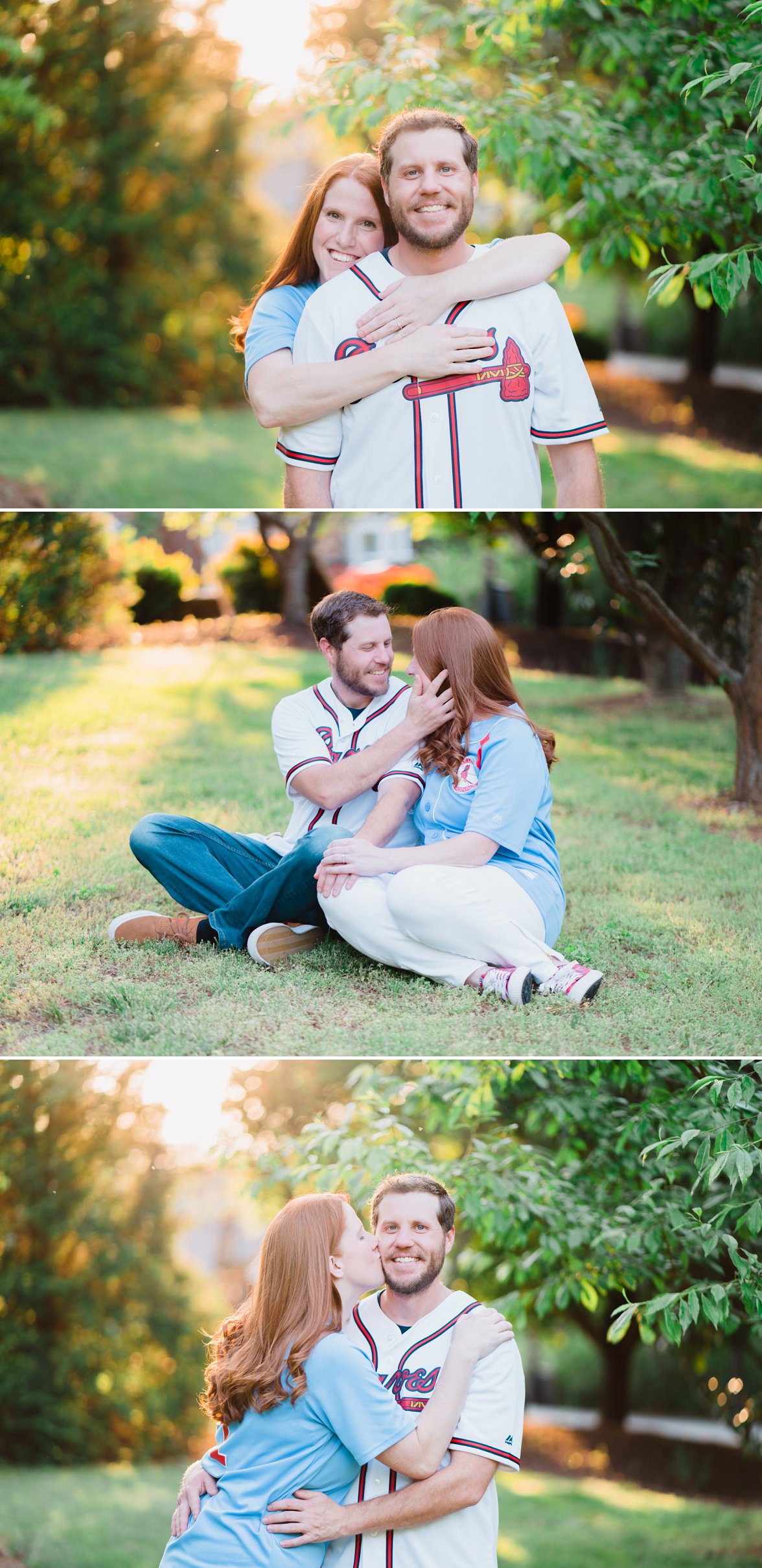 couple in baseball jerseys in the sunshine | the mill at fine creek photo session