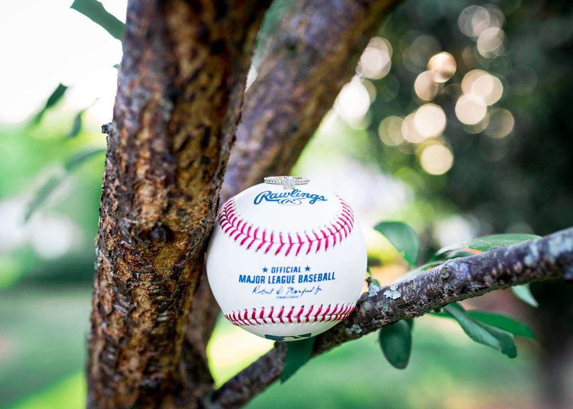 engagement ring on a baseball in a tree | the mill at fine creek engagement