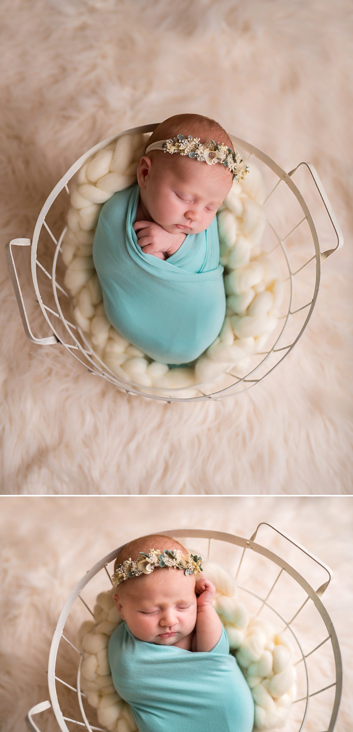 baby girl in a wire basket with headband on