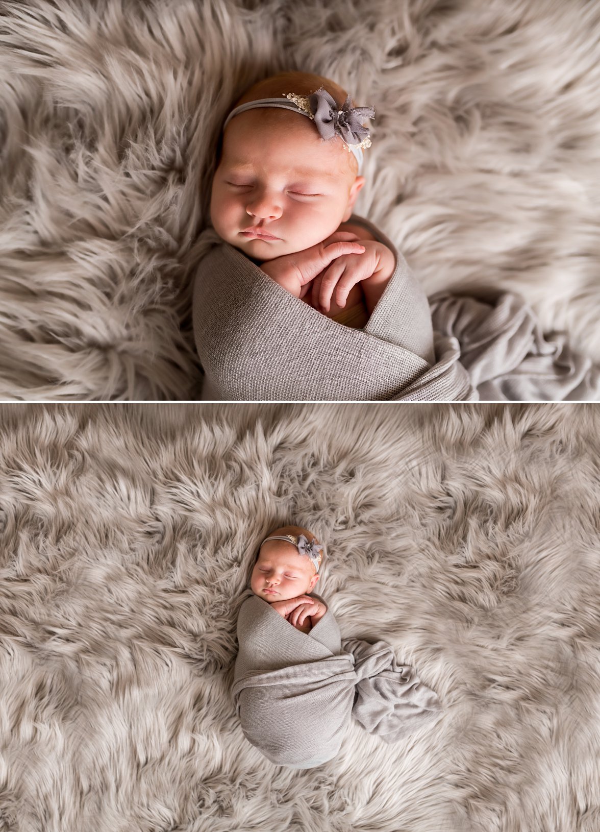 baby girl in grey wrap and fuzzy backdrop with hands by face | Newborn Photography Dayton OH