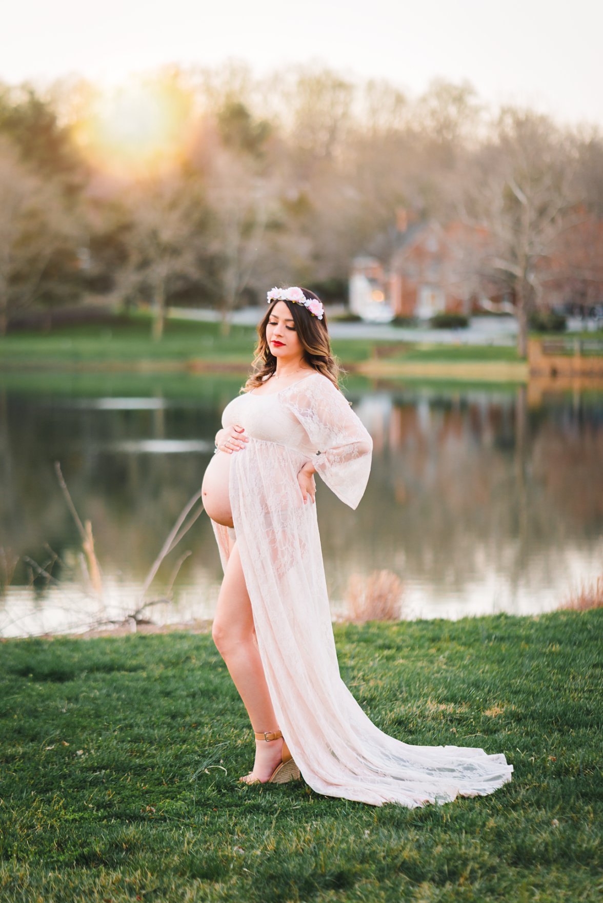 pregnant mom with belly exposed in lace dress 