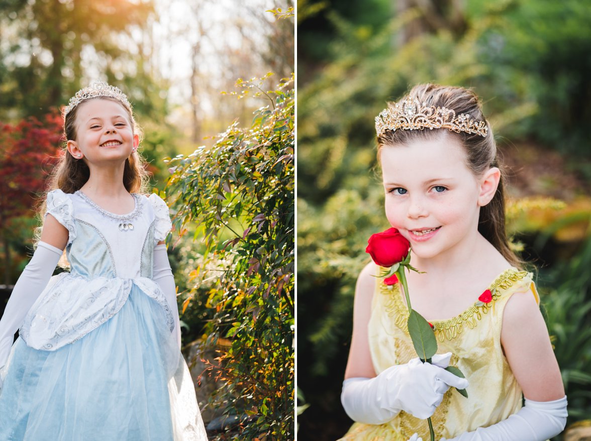 little girls in princess outfits in a garden