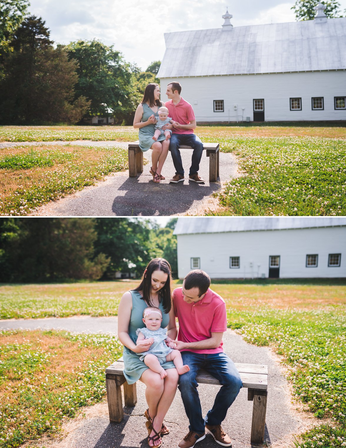 Family sitting in front of white barn at Ivy Creek Nature Preserve | Family Photographer in Charlottesville