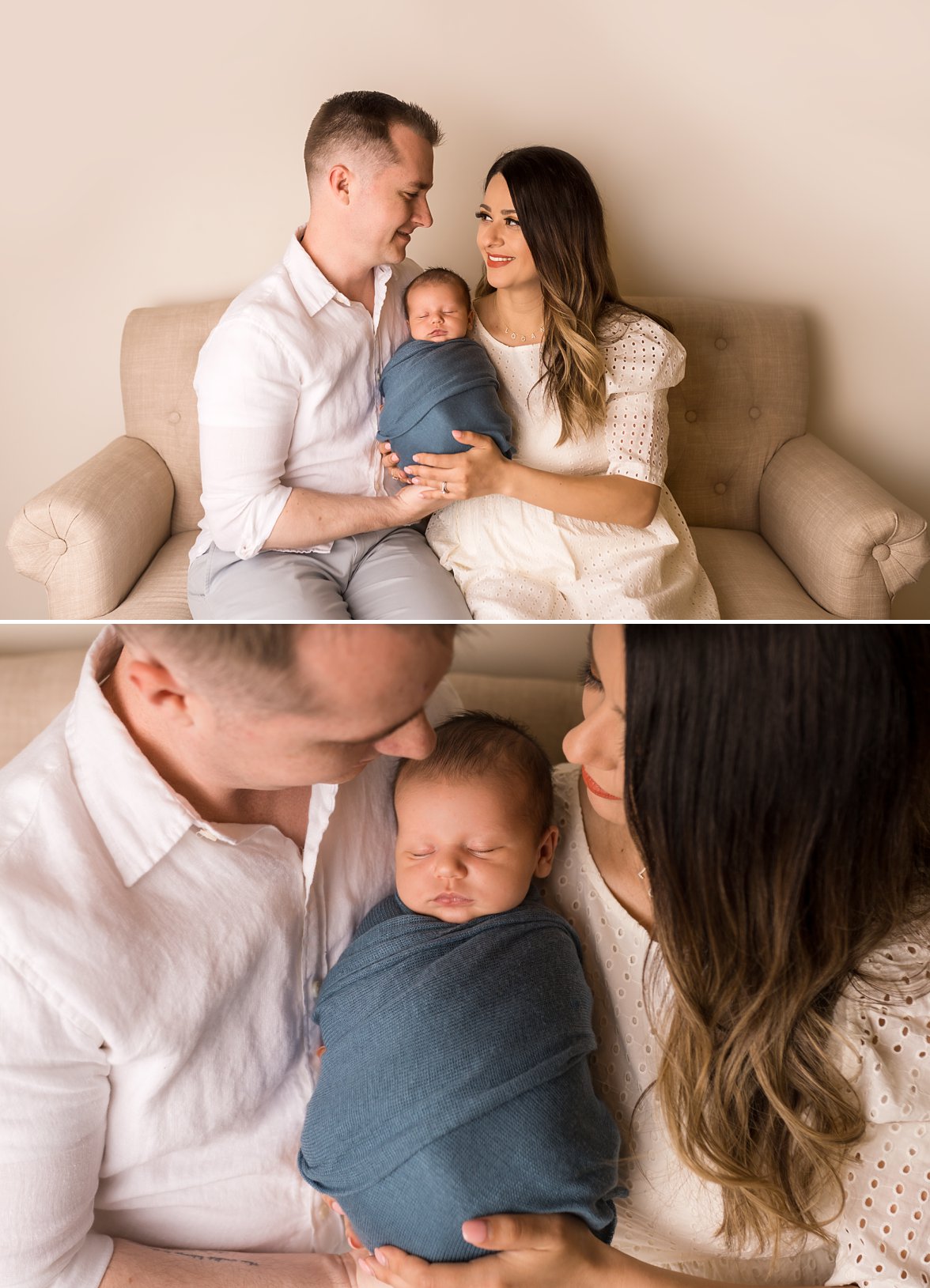 Family of three sitting on couch | Northern VA Newborn Photographer