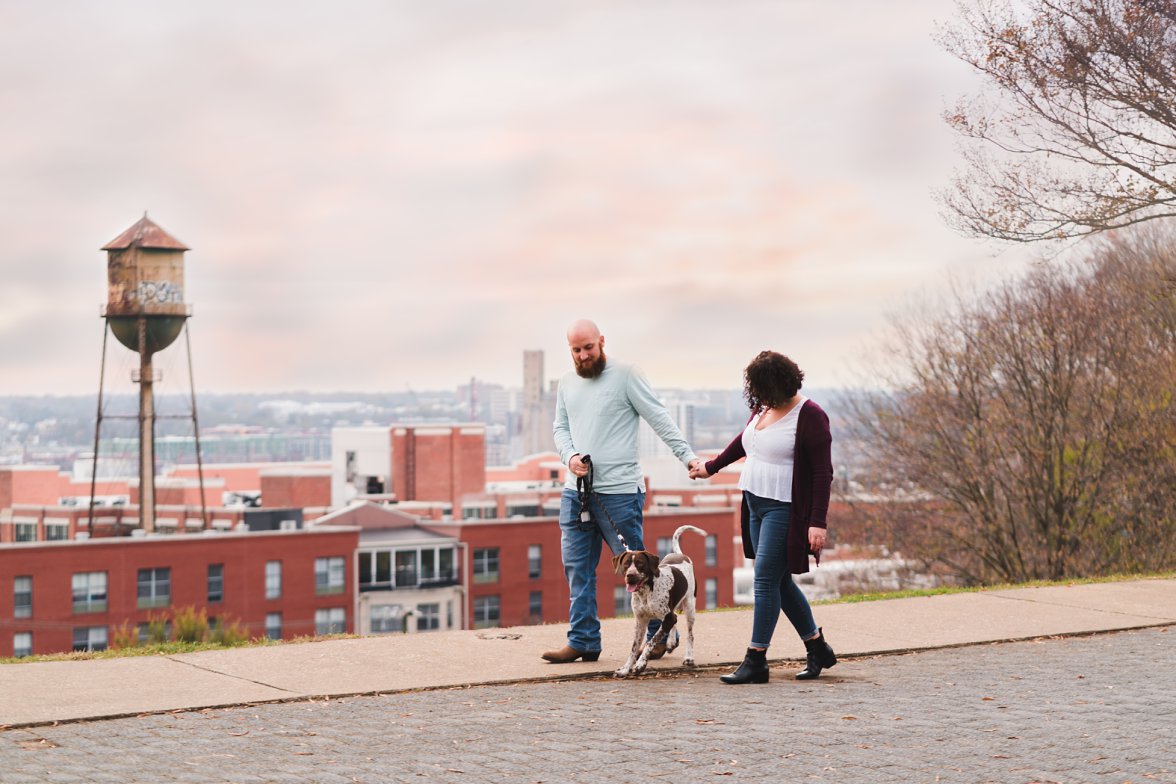 Couple walking with Dog | What to Wear for Engagement Photos