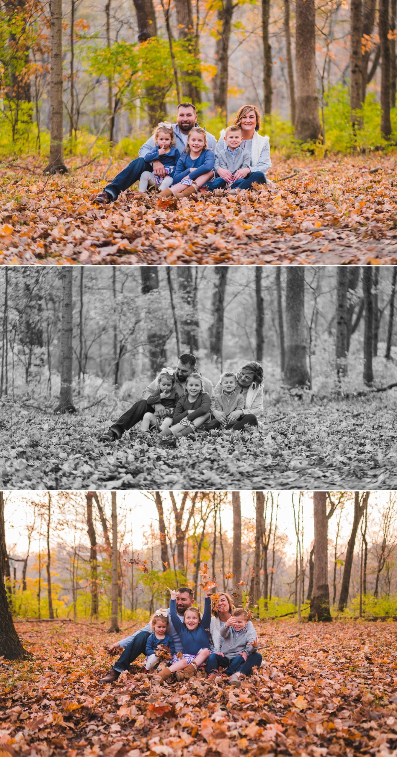 family sitting in leaves throwing them in the air | Dayton OH Photographer
