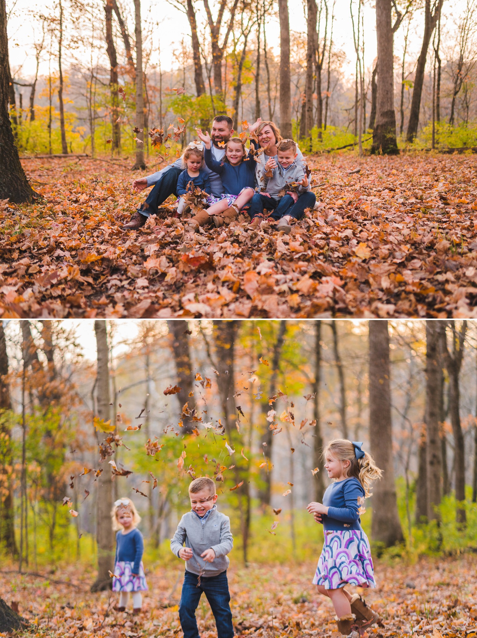 kids throwing leaves in the air | Beavercreek Photographer