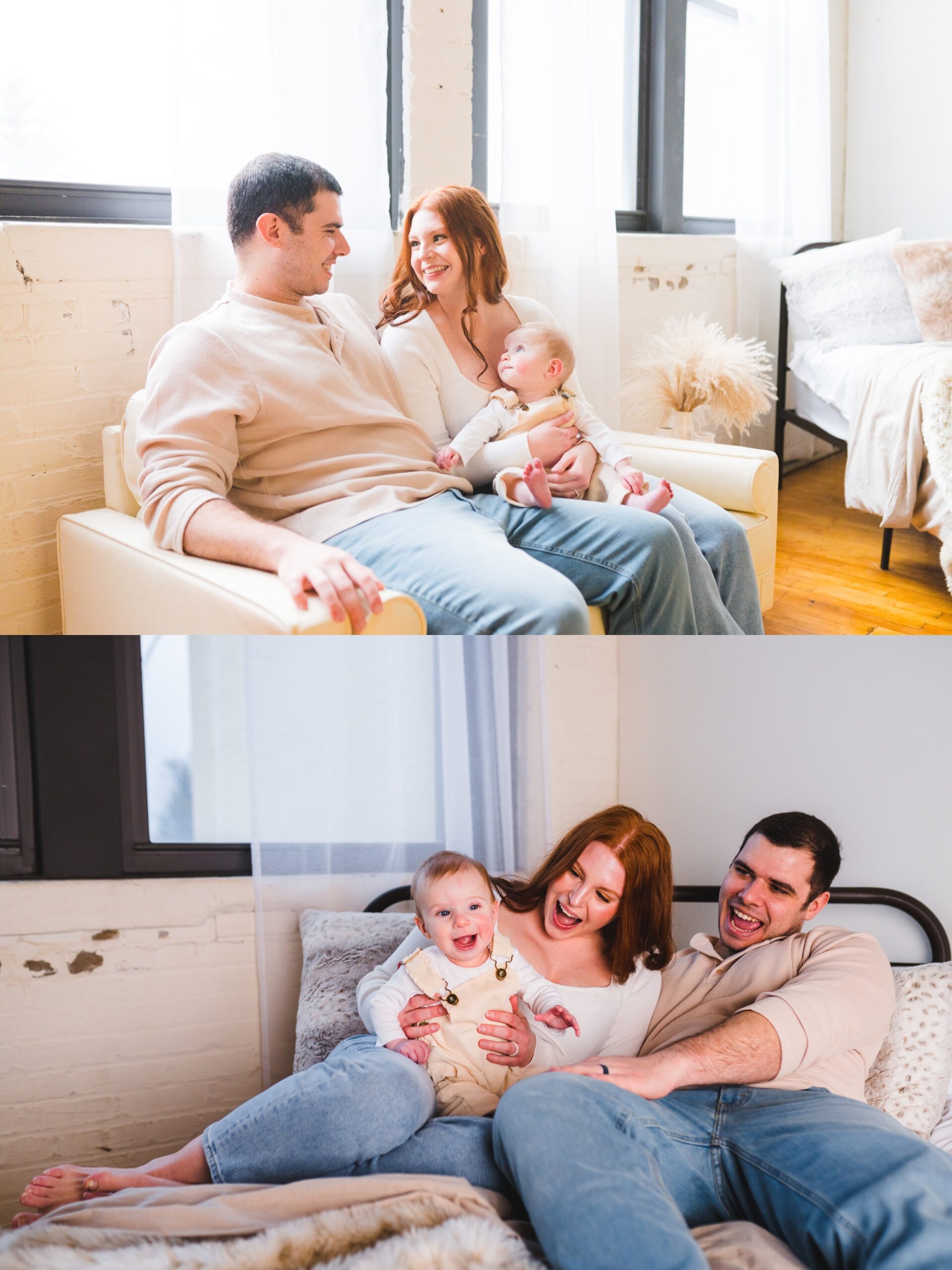 family together on couch and bed smiling | Melissa Sheridan Photography