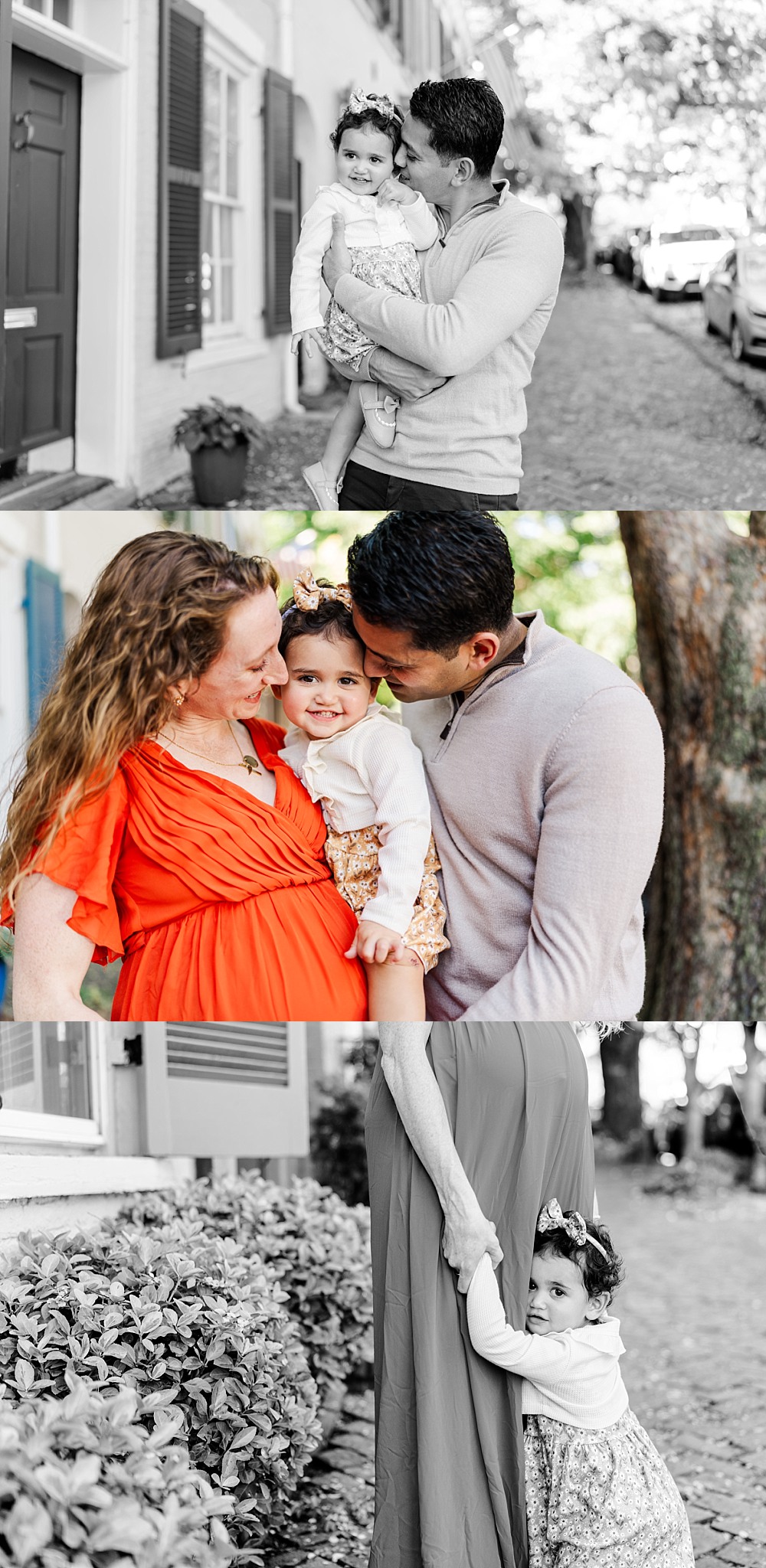 family of three standing on street 