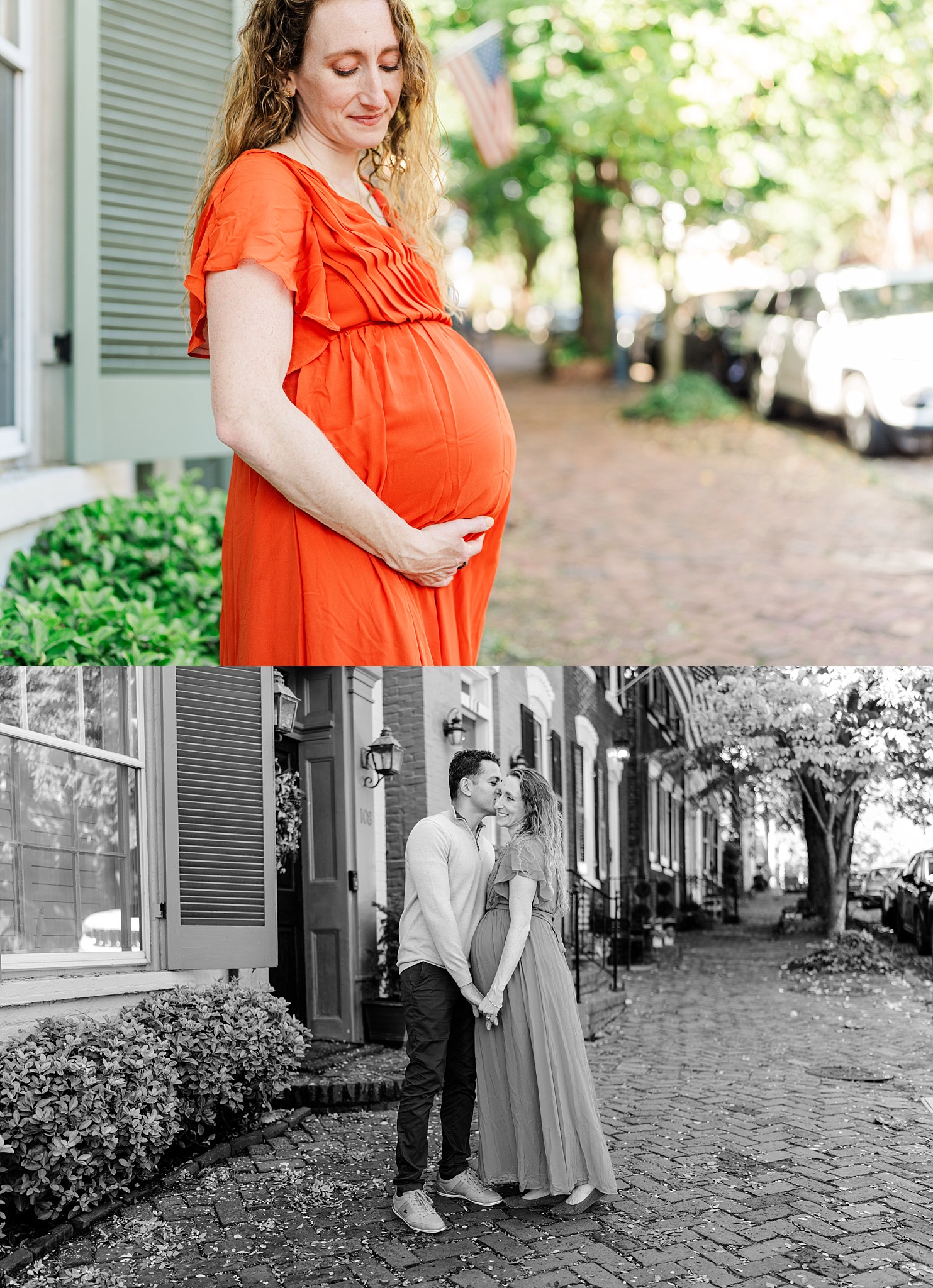 expecting couple standing in streets 