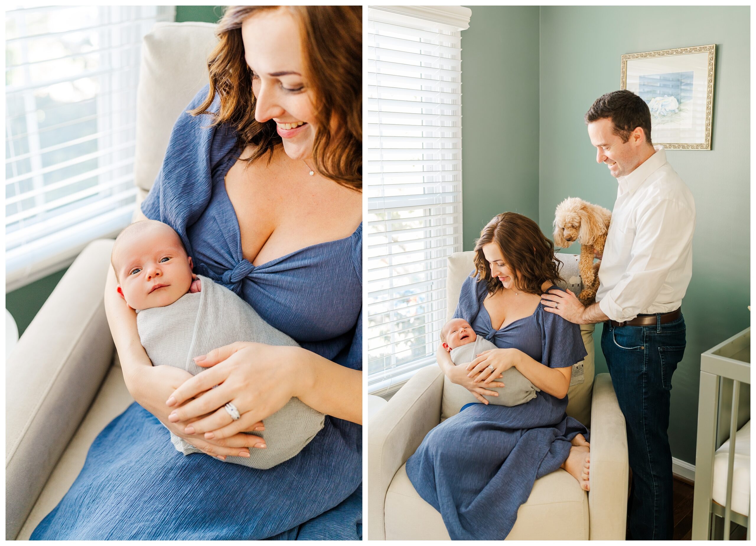 mom, dad, baby and dog in nursery | newborn photos by Melissa Sheridan Photography