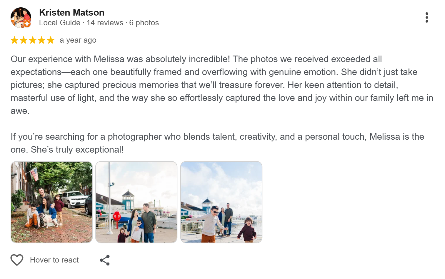 5 star Google review of family session with Melissa Sheridan Photography, Northern Virginia Photographer
