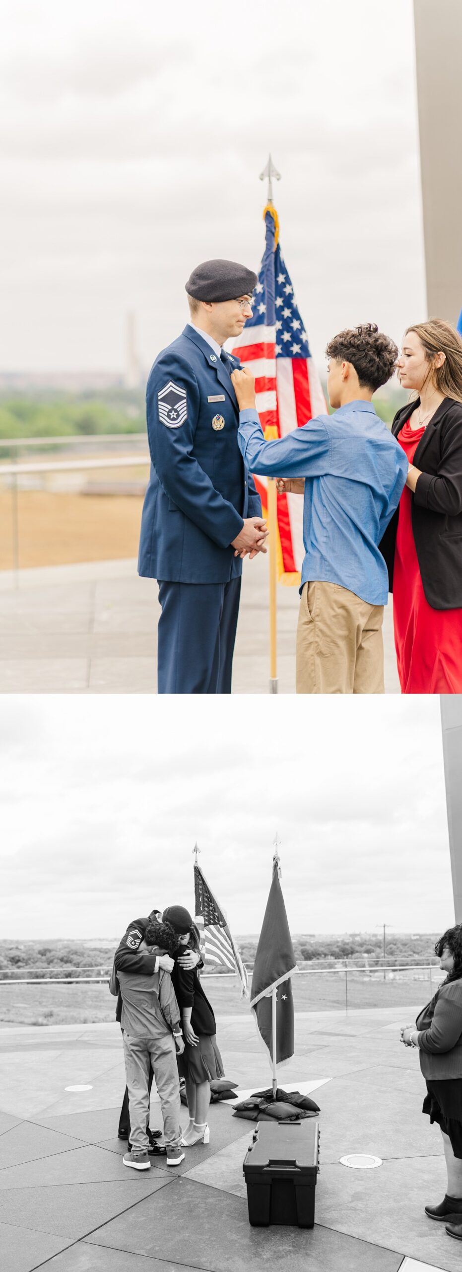 Military family pinning on pins and hugging at retirement ceremony | Melissa Sheridan Photography